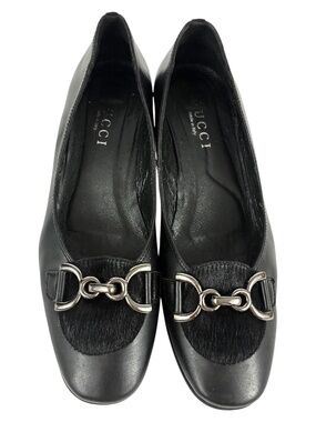 Gucci Horsebit Kitten Heel Loafers 8 Spazzolato Leather Pony Hair Black Pumps